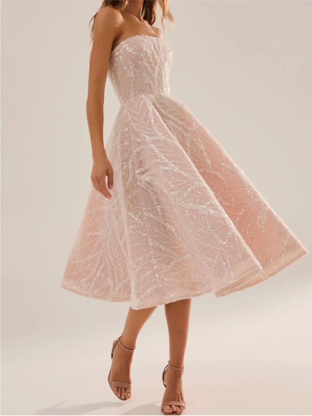 Strapless Embroidered Midi Dress in Nude - Picture 3 of 15